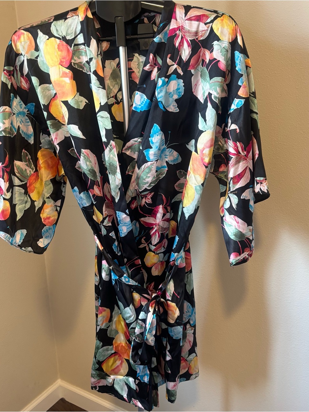Secret Treasures Black Floral Satin Kimono Robe - Butterfly & Fruit Print Sleep